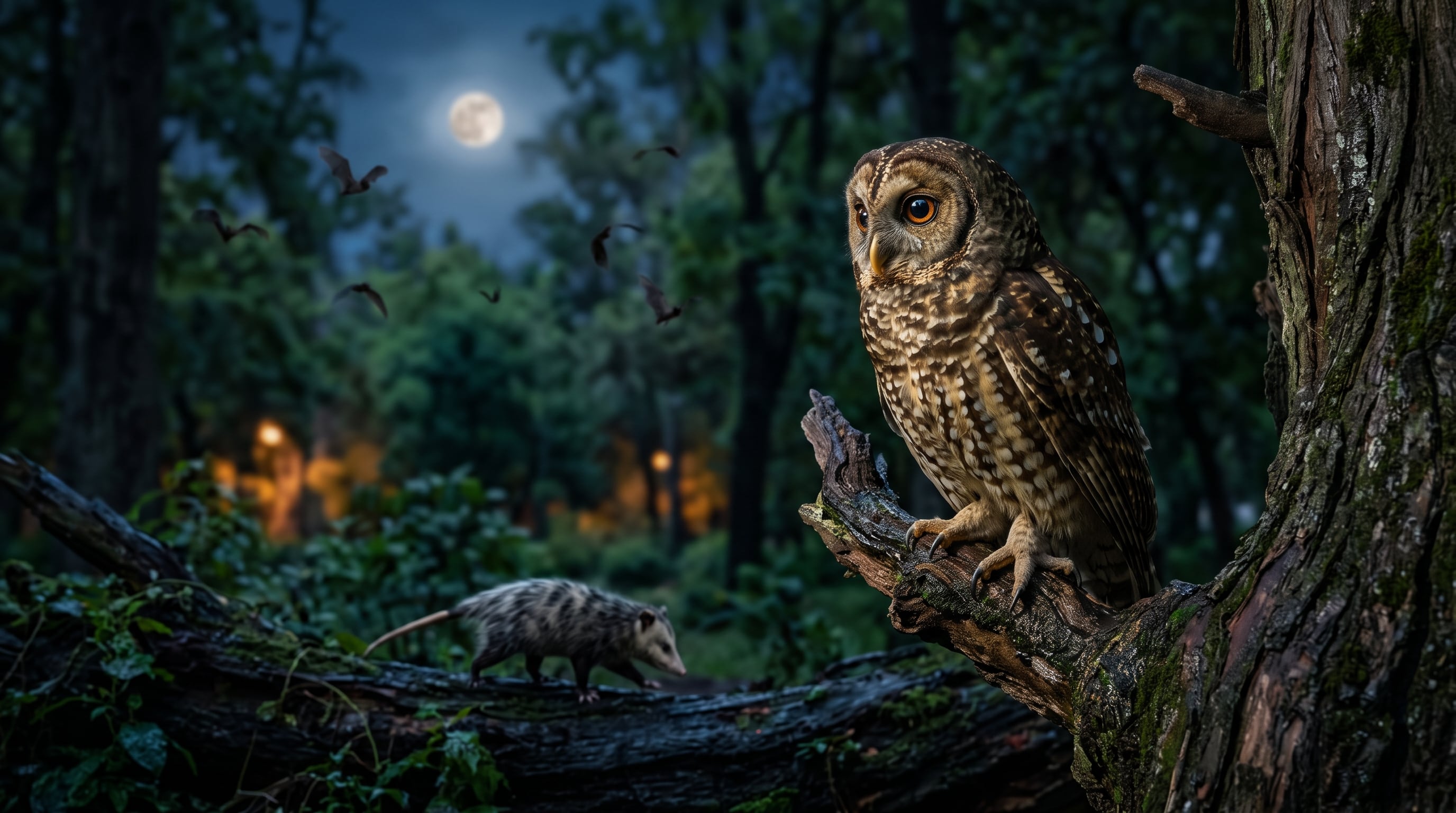 Un búho, una zarigüeya y varios murciélagos habitan un bosque urbano de la Ciudad de México durante la noche en un entorno de conservación biológica. (Imagen Ilustrativa Infobae)