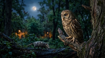 Un búho posado en una rama, una zarigüeya sobre un tronco caído y murciélagos en vuelo nocturno bajo la luna llena en un bosque.
