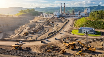 Vista aérea de una gran mina a cielo abierto con camiones volquete y excavadoras, una planta industrial con chimeneas, y un edificio con paneles solares, entre colinas verdes.