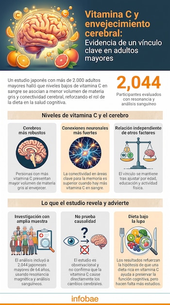 Infografía sobre vitamina C y salud cerebral con ilustraciones de un cerebro, moléculas, frutas, neurona, una balanza, personas y un plato de alimentos.