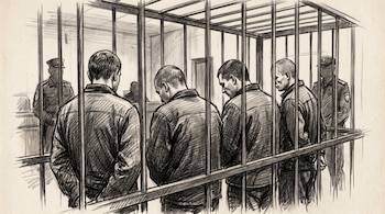 Dibujo a lápiz de cuatro hombres de pie dentro de una jaula de barras metálicas, frente a guardias en una sala.