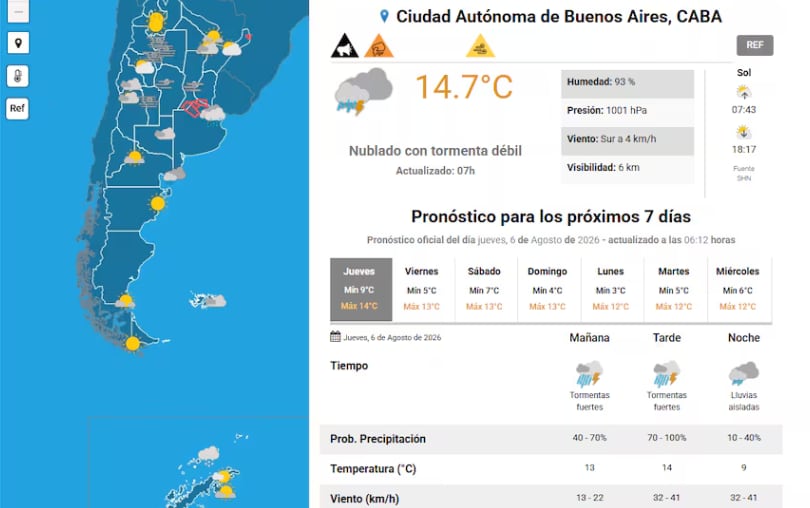 El mapa del clima en Argentina (SMN)
