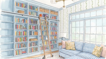 Ilustración de una sala con estanterías de libros empotradas en color azul, escalera de madera móvil, sofá con estampado de cuadros vichy, ventanal y lámpara.