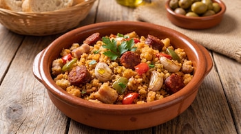 Plato de migas españolas con chorizo, panceta, pimientos rojos y verdes, ajos enteros y perejil fresco en un cuenco de barro sobre mesa de madera.