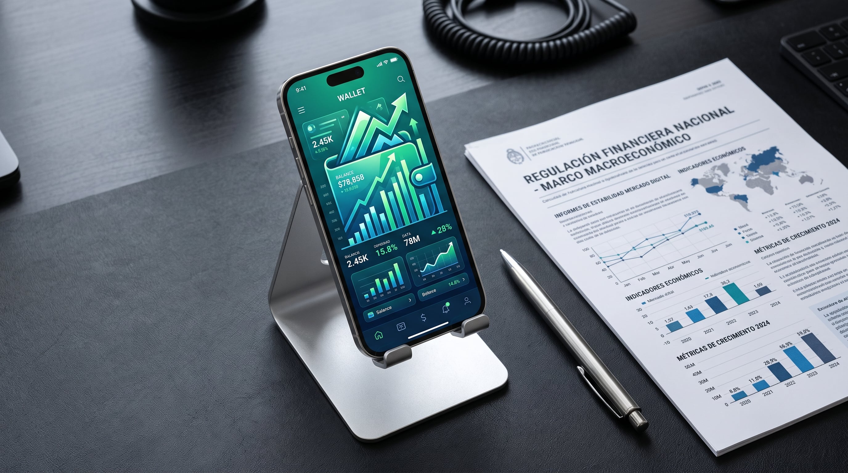 Un teléfono inteligente con una aplicación de finanzas digitales se ubica junto a un documento impreso sobre regulación macroeconómica. (Imagen Ilustrativa Infobae)
