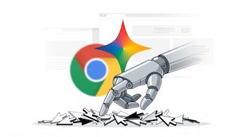 Ilustración: Logo de Gemini domina a Chrome, mano robótica empuja punteros de ratón rotos, y ventanas de navegador borrosas de fondo.