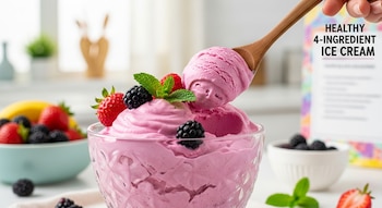 Primer plano de helado rosa cremoso en un tazón de vidrio, con una cuchara de madera sacando una porción. Decorado con fresas, moras y menta, y frutas en el fondo.