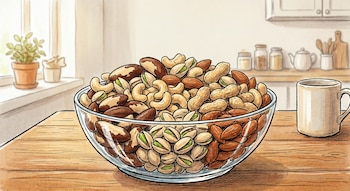 Un tazón de vidrio transparente lleno de una mezcla de nueces de Brasil, anacardos, pistachos, cacahuetes y almendras sobre una mesa de madera