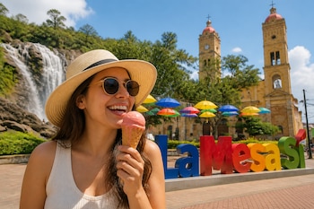 Mujer con sombrero de paja y gafas de sol sostiene un helado rosa en cono frente a letras de colores y una iglesia de dos torres