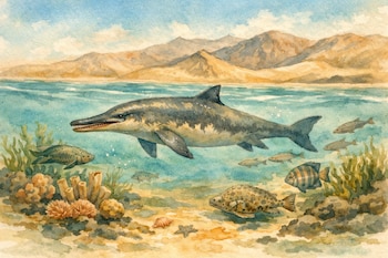 Ilustración de un delfín prehistórico oscuro con dientes afilados, peces, vegetación submarina, corales y formaciones rocosas bajo el agua; montañas en el horizonte.
