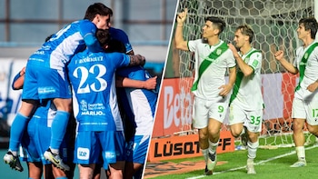 Fotografía dividida: izquierda, equipo de fútbol con camiseta azul y blanca celebra; derecha, equipo de fútbol con camiseta blanca y verde festeja junto a un arco