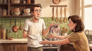 Un hombre sostiene un plato roto y un suéter desteñido, mientras una mujer estira sus brazos hacia él en una cocina.