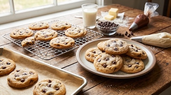 Varias galletas de mantequilla con chispas de chocolate en rejilla, plato y bandeja para hornear; mantequilla, chispas de chocolate y un vaso de leche sobre una mesa de madera.