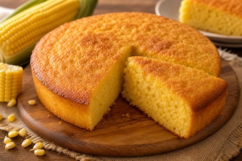 Un pan de elote redondo con una rebanada cortada sobre una tabla de madera, junto a mazorcas y granos de maíz.