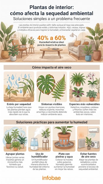 Infografía sobre plantas de interior que muestra los efectos de la sequedad ambiental, sus síntomas y cuatro soluciones para mejorar la humedad en el hogar.