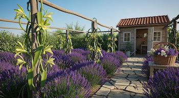 Jardín idílico con hileras de lavanda morada, plantas de vainilla con flores amarillas en pérgolas de madera, sendero de piedra y cabaña rústica.