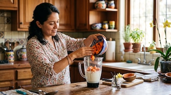 Una mujer vierte cubos de mamey desde un cuenco decorado hacia una licuadora con leche sobre un mesón de madera.