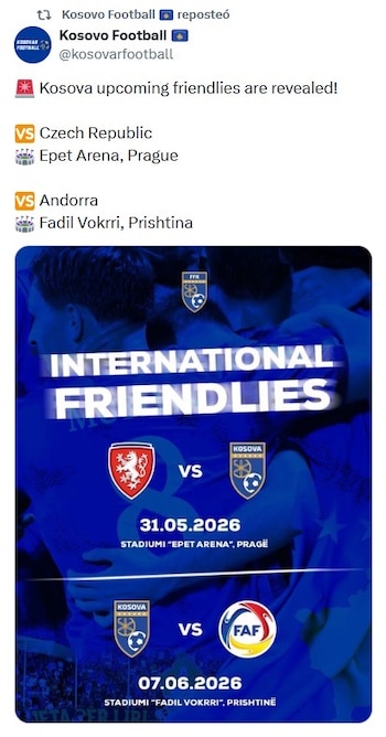 El partido amistoso contra Kosovo servirá como la última prueba competitiva y simbólica antes de que la Selección Checa parta hacia Guadalajara. (X/ @kosovarfootball)