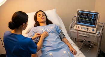 Mujer en camilla con electrodos. Profesional de la salud conecta cables al tórax. Monitor de electrocardiograma con gráficos cardíacos y manguito de presión.