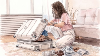 Ilustración de una mujer arrodillada en el suelo, empacando una maleta blanca abierta con ropa dentro, en una habitación con un sofá y una ventana.