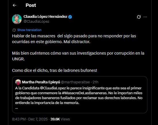 Claudia López no se quedó callada y le contestó de regreso a la senadora - crédito @marthaperaltae