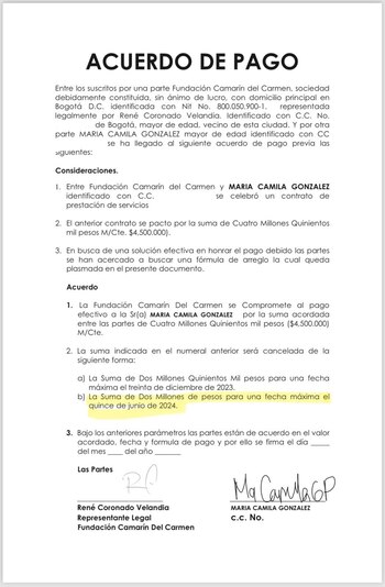 Acuerdo de pago entre María