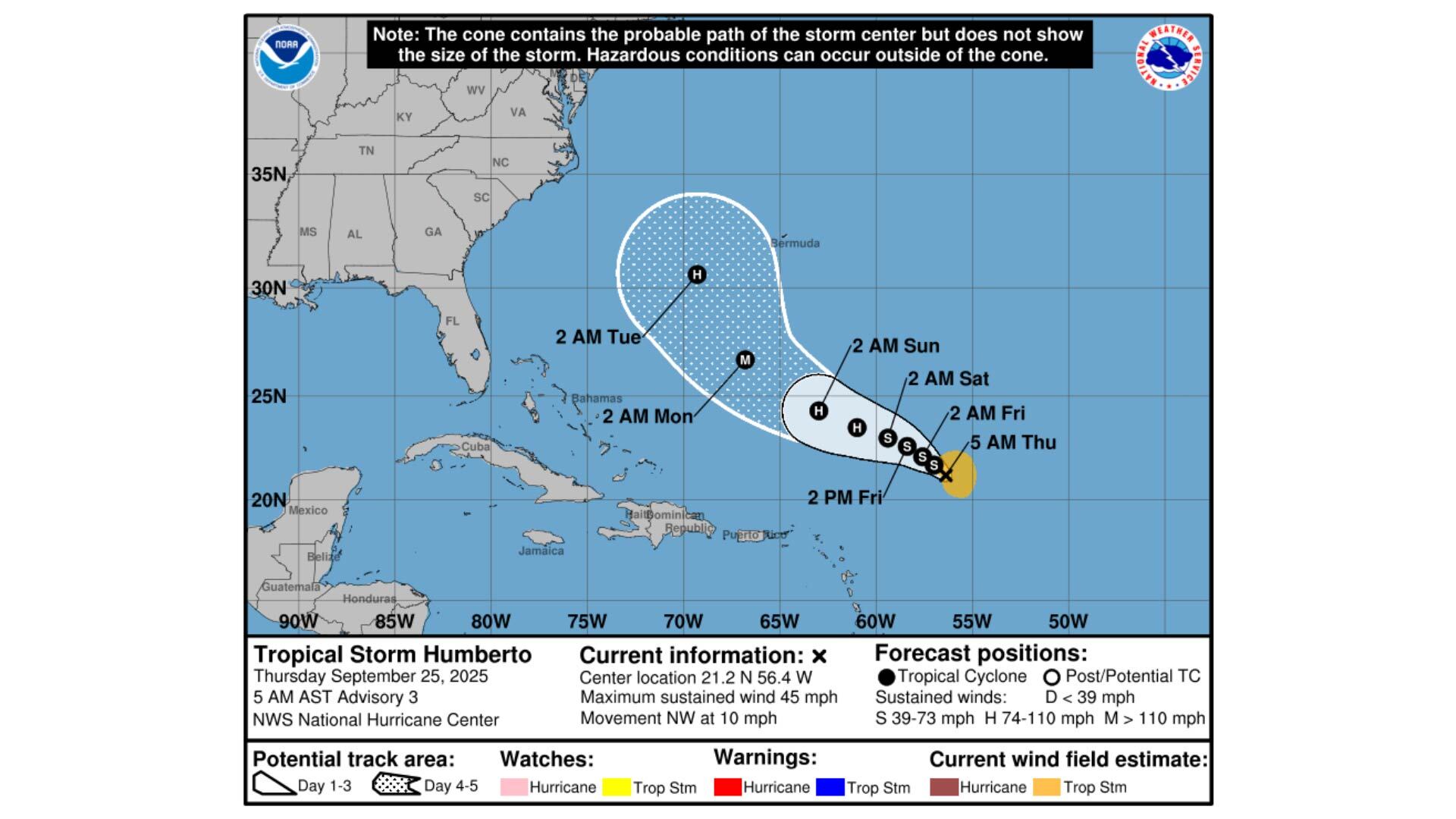 La tormenta tropical Humberto amenaza la costa este de Estados Unidos con posibles impactos en los próximos días. (NHC)