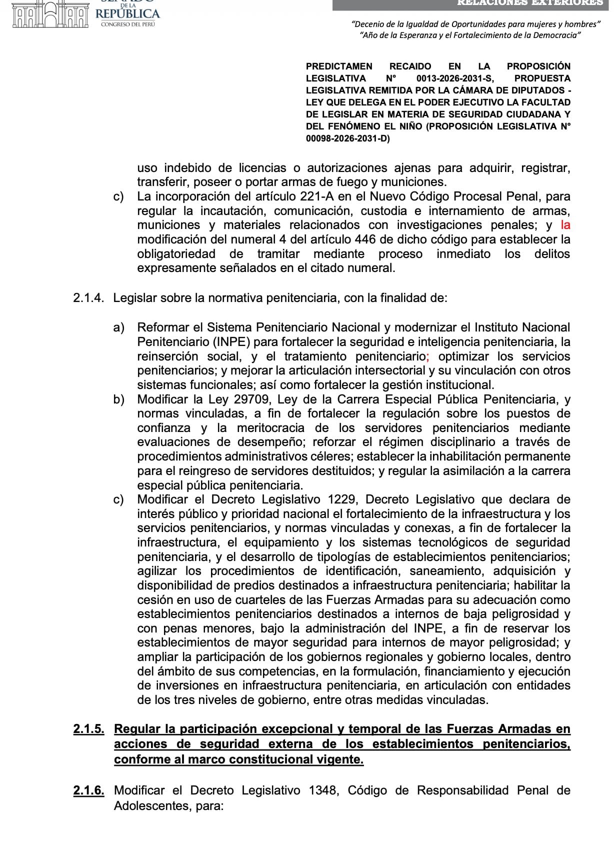 Un documento del Congreso de la República del Perú detalla un predictamen para delegar facultades legislativas en materia de seguridad ciudadana al Poder Ejecutivo.