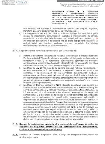 Documento impreso con el membrete del Congreso de la República del Perú sobre propuestas de legislación en materia penitenciaria y de seguridad