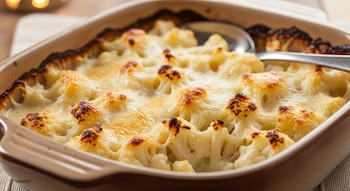 Primer plano de una fuente de cerámica rectangular con coliflor cubierta de salsa blanca cremosa y burbujeante, con zonas doradas. Una cuchara plateada.