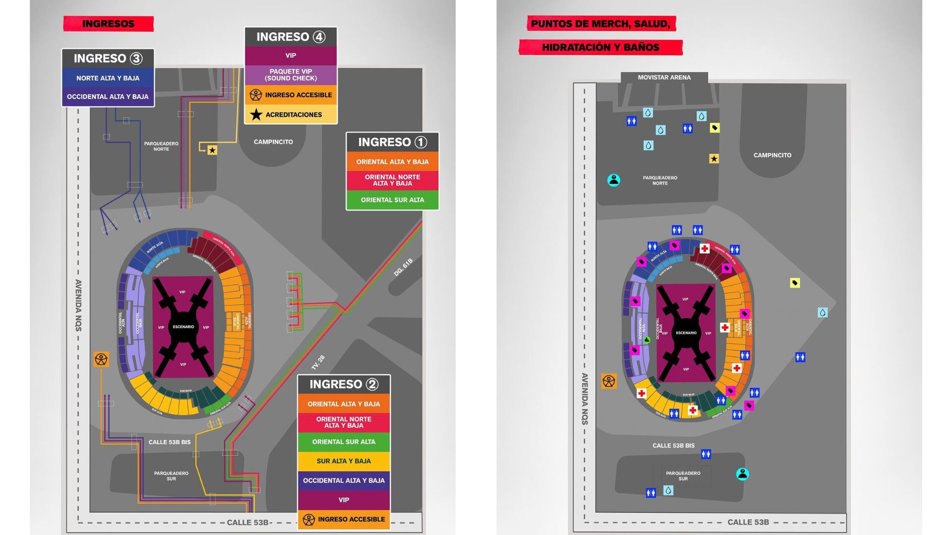 Los mapas del concierto de BTS detallan los accesos, puntos de hidratación, baños, atención médica y zonas para personas extraviadas en El Campín - crédito @ailoviutlcol / Instagram