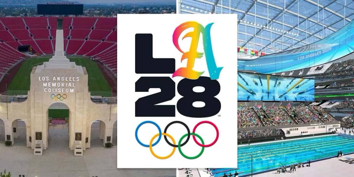 La imagen muestra un collage con el Coliseum de Los Ángeles, el logo de LA28 y una representación del centro acuático para los Juegos Olímpicos de Verano de 2028.
