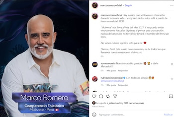 Captura de pantalla de una publicación de Instagram con el retrato de Marco Romero y un gráfico sobre su participación en Viña del Mar