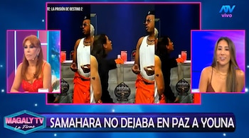 Captura de pantalla de televisión con recuadros que muestran a Magaly Medina, a Samahara Lobatón y secuencias de un video en estudio