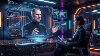 Avatar de Steve Jobs como holograma azul, frente a una empresaria en una sala oscura. Pantallas translúcidas muestran gráficos bursátiles, análisis y un mapa mundial.