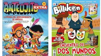 Dos portadas de revistas infantiles con ilustraciones de un navegante español y una persona indígena sobre la llegada a América.