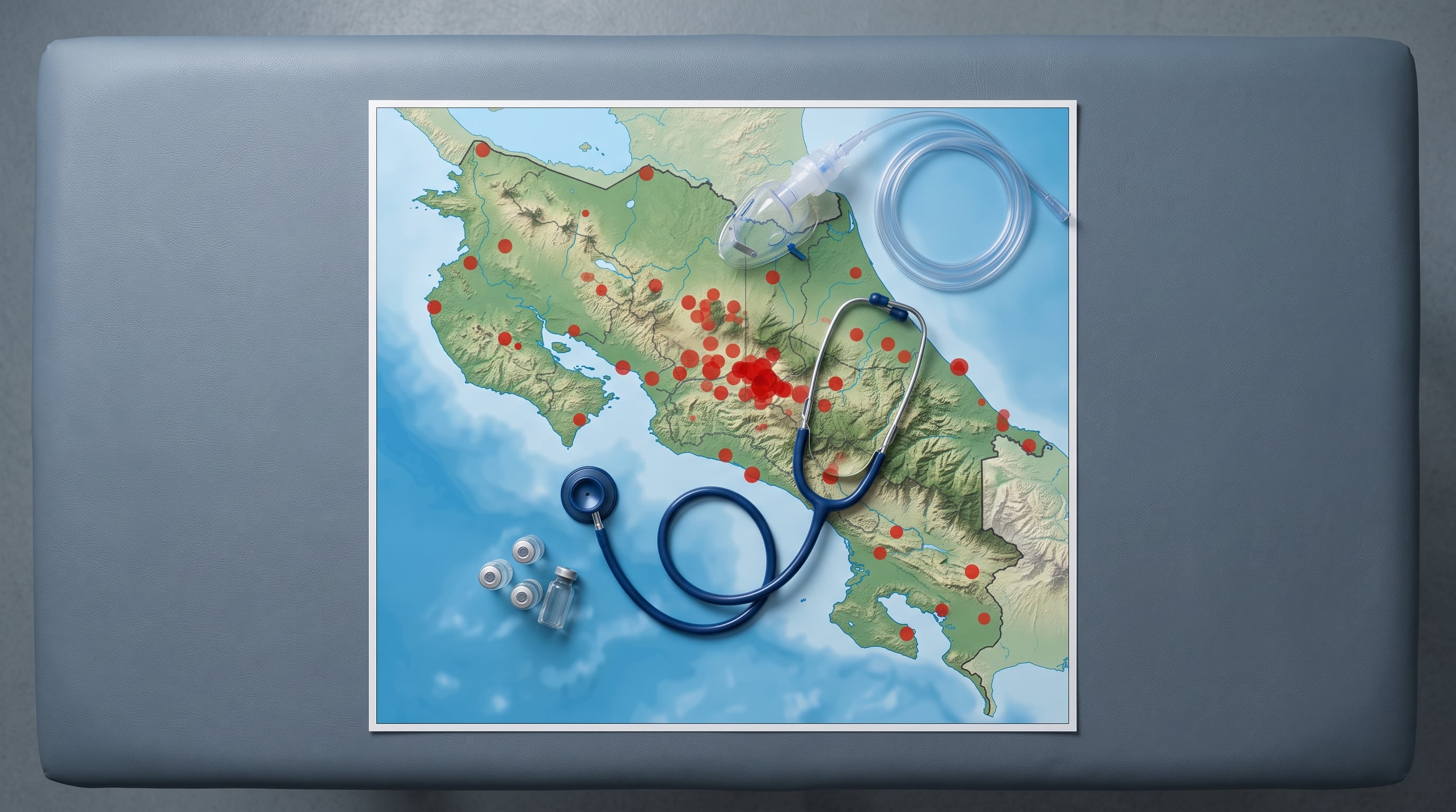 Un mapa de Costa Rica señala con puntos rojos la densidad de contagios junto a un estetoscopio, frascos de muestras y una mascarilla sobre una mesa médica. (Imagen Ilustrativa Infobae)
