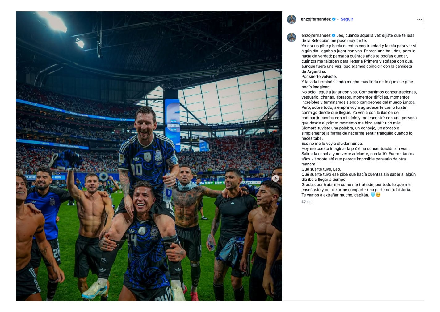 El mensaje de Enzo Fernández para Messi tras su retiro