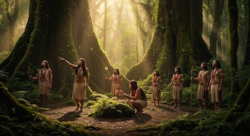 Siete personas indígenas con atuendos tradicionales en un bosque antiguo con árboles musgosos y luz cálida. Una persona señala, otra se agacha en el suelo observando la flora.