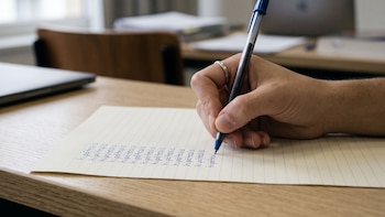 Una mano sostiene un bolígrafo azul sobre una hoja de papel blanco rayado. La mano escribe la palabra ‘hipótesis’ repetidamente. Se observa un escritorio de madera y un fondo borroso