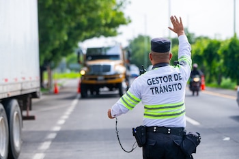 Espalda de un gestor de tránsito con uniforme blanco que levanta la mano ante un camión amarillo y un remolque