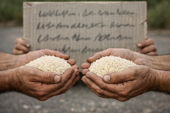 Primer plano de dos pares de manos sosteniendo montones de arroz. Detrás, un cartel de cartón borroso con texto ilegible. Fondo desenfocado.