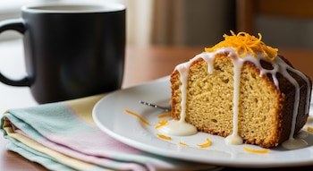 Primer plano de una porción de budín de naranja con glasé blanco y ralladura de naranja en un plato blanco, con una taza oscura y una servilleta colorida al lado.