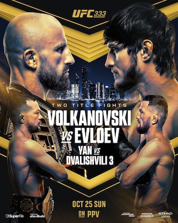 Cartel con los rostros y figuras de cuatro luchadores frente a frente, texto de combates de UFC 333 y el perfil urbano nocturno de Abu Dabi