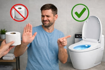 Un hombre con barba y camiseta azul rechaza un rollo de papel higiénico con la mano, mientras señala un inodoro inteligente blanco iluminado en un baño moderno.