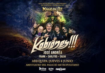 Póster de Kabrones: cuatro músicos de rock sonríen y hacen gestos de cuernos frente a un fondo de fantasía con una bruja, luna, castillo y rayos