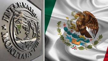 Una placa metálica con el logotipo del Fondo Monetario Internacional junto a la bandera de México