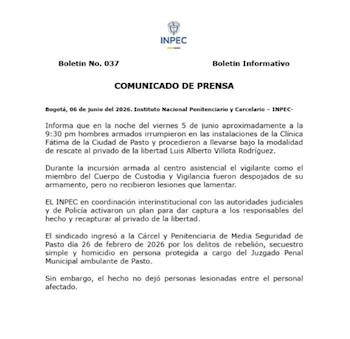 El rescate se produjo la noche del 5 de junio, cuando hombres armados desarmaron a los custodios del Inpec y la seguridad privada en la Clínica Fátima - crédito Inpec