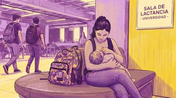 Ilustración de una madre amamantando a su bebé en un banco, junto a un cartel que indica 'SALA DE LACTANCIA - UNIVERSIDAD', con estudiantes en el fondo.