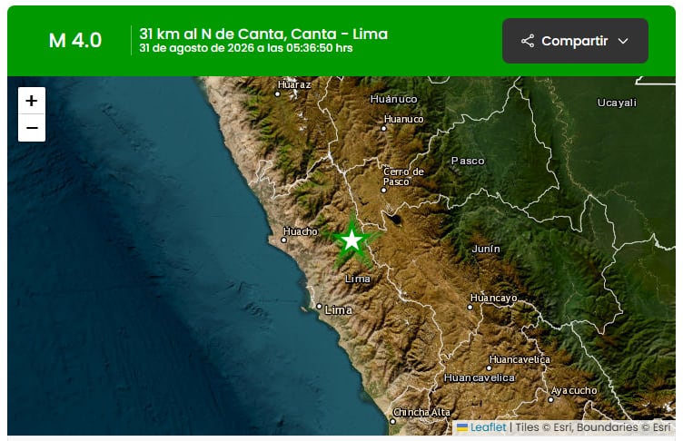 Un mapa sísmico señala el epicentro de un temblor de magnitud 4,0 registrado a 31 kilómetros al norte de Canta, en la región de Lima. (IGP)